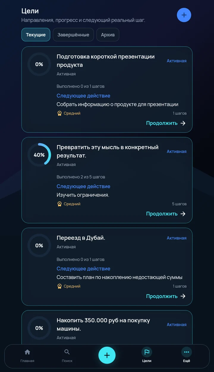 Экран «Цели» с прогрессом по шагам